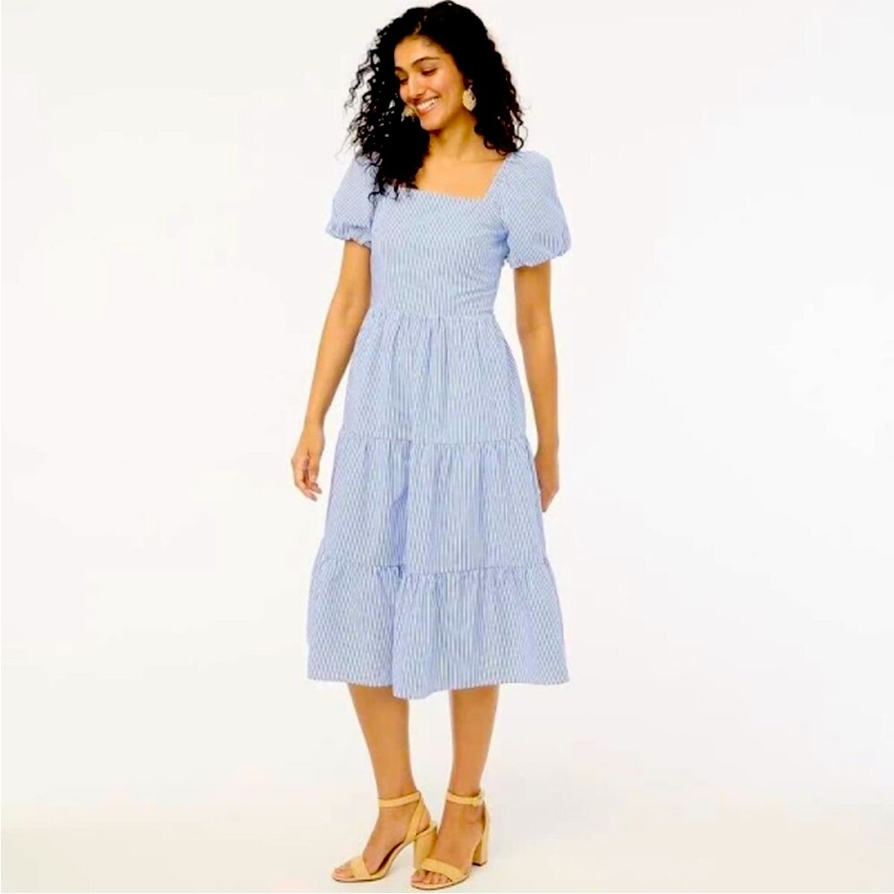 J. Crew Blue and White Striped Tiered Midi Dress